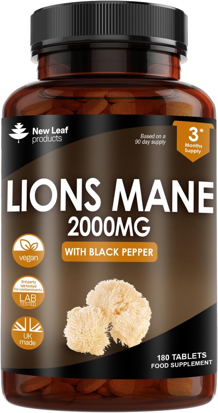 Lions Mane Mushroom 2000mg - 180 High Strength Vegan Tablets - Lion's Supplement with Black Pepper - Mushrooms Extract (Not Powder or Capsules) Made in The UK by New Leaf products