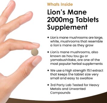 Lions Mane Mushroom 2000mg - 180 High Strength Vegan Tablets - Lion's Supplement with Black Pepper - Mushrooms Extract (Not Powder or Capsules) Made in The UK by New Leaf products - Image 5