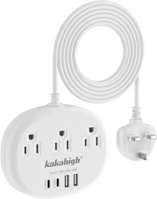 UK Adapters for Travel(13A), US to UK Plug Adapter with 3 Outlets 4 USB Ports (2 USB-C) Total Output 24W, Type G Travel Adapter for USA to British Ireland Scotland Hong Kong